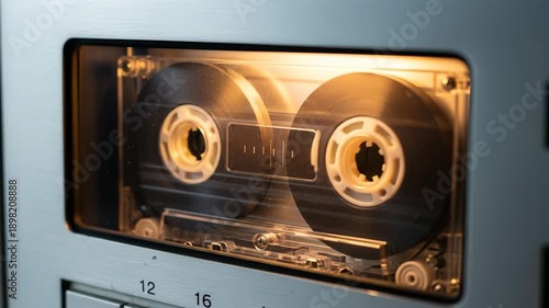 Cassette tape spinning in player with illuminated interior  