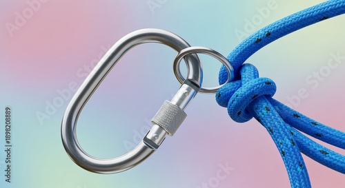 Reliable Snap Hook Fastens Bright Blue Rope, Ideal Tool for Secure Outdoor Adventures