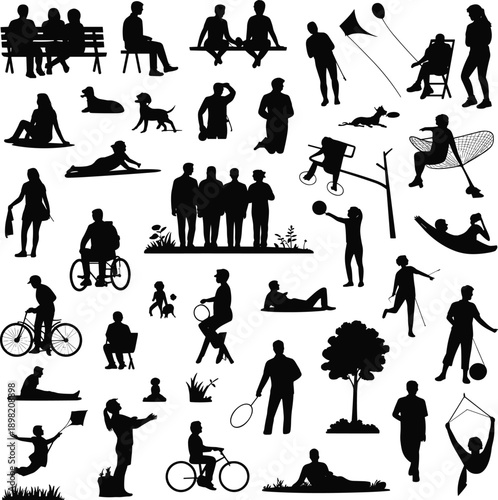 Black people silhouettes showing diverse human activities, outdoor lifestyle, leisure, sport, social interaction and daily life scenes, isolated flat vector illustration set