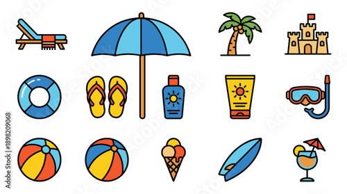 Vector icon set of beach vacation elements including sunbed, umbrella, palm tree, sandcastle, lifebuoy, flip-flops, sunscreen, snorkel, beach ball, ice cream, surfboard, cocktail in bold outline