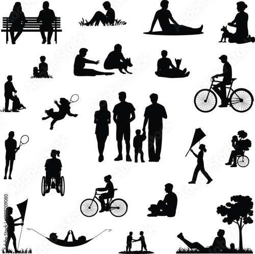 Collection of human silhouette icons showing people walking, sitting, cycling, parenting, leisure, outdoor activities, family life, daily routines, and lifestyle concepts isolated on white background