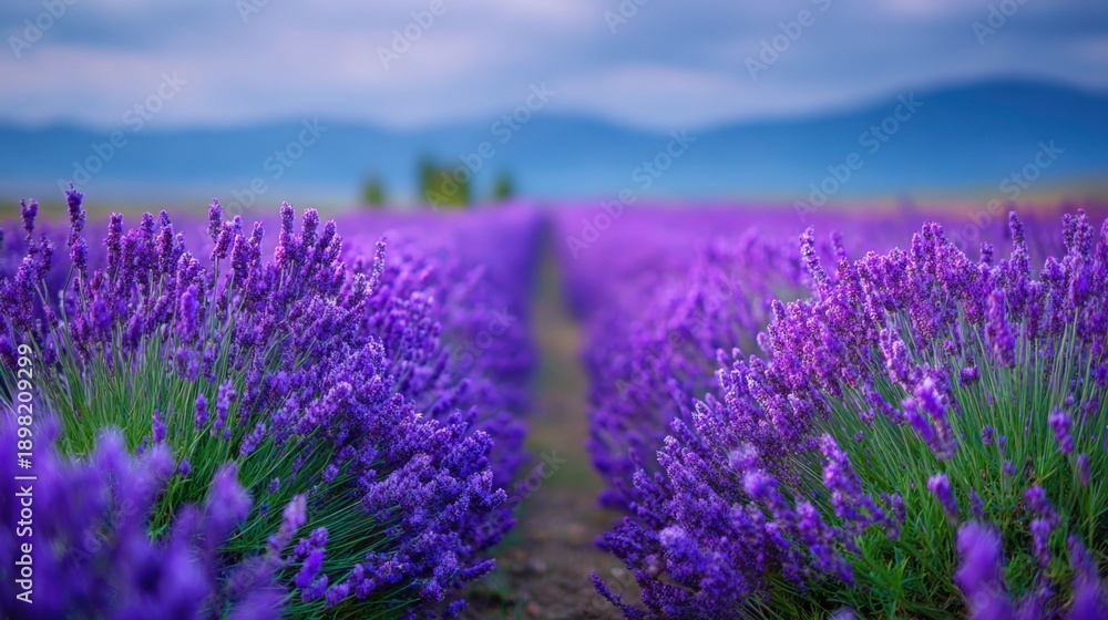 Fototapeta premium Vast lavender field with mountainous backdrop on a cloudy day.