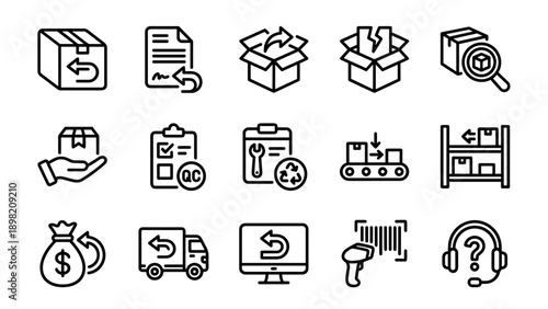 Comprehensive set of 15 vector line icons representing reverse logistics and product returns, including return box, shipping label, inspection, restock, refund, quality control, and support.