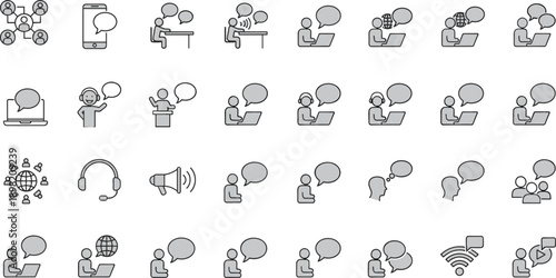 Communication and online interaction icon set showing people chatting, messaging, video calling, remote work, social networking, customer support, digital conversation, teamwork, and modern technology