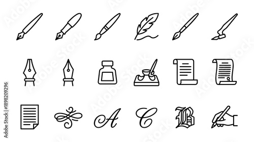 Calligraphy and Writing Line Icon Set Featuring Fountain Pens, Nibs, Ink Bottles, Quills, Scrolls, and Elegant Script Letters on a Clean White Background for Graphic Design and Branding