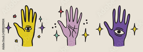 Three witch hands set, palm with eye, palm with eye, palm with fate lines, boho mystical witchy hand drawn style