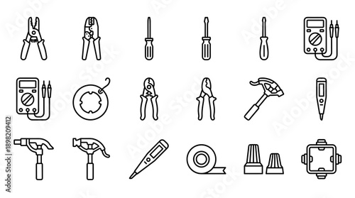 Vector Set of Professional Electrical Wiring and Maintenance Tool Line Icons Featuring Multimeter, Wire Stripper, Screwdriver, Crimper, Voltage Tester, and Electrical Tape for Repair Projects.
