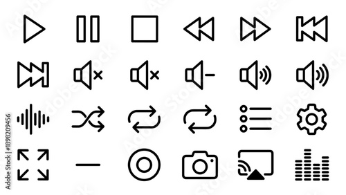 Minimalist multimedia player control line icons set featuring play, pause, stop, volume, shuffle, repeat, settings, and equalizer. High-quality vector symbols for web, app UI, and video interfaces.