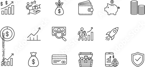 Financial growth and business investment line icons set featuring money management, savings, profit analysis, banking, wallet, startup success and secure wealth concepts
