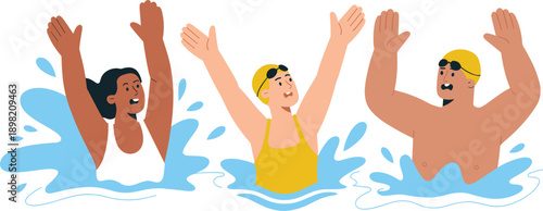 Diverse group of happy swimmers celebrating together in water, flat vector illustration showing teamwork, sports achievement, summer swimming pool activity and inclusive fitness lifestyle