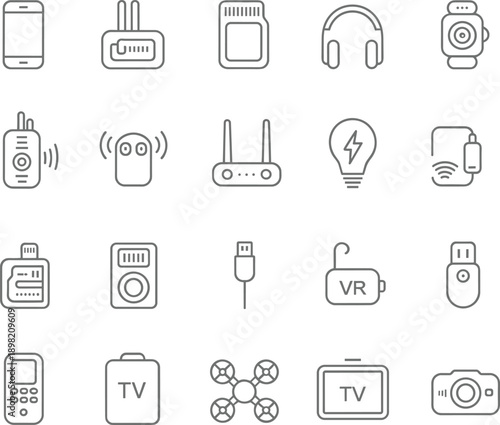 Gray line icon set of modern digital gadgets including smartphone wireless headphones smartwatch router camera drone and mobile hardware technology for electronic branding