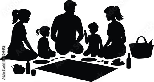 Happy family silhouette enjoying picnic together outdoors, parents and children bonding during leisure time, minimal black illustration representing love, unity, lifestyle and togetherness