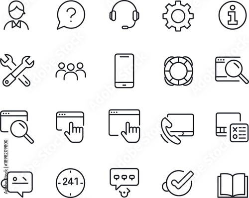 Black line icon set of customer support technical service and online assistance including headset gear wrench lifebuoy and communication branding assets for business