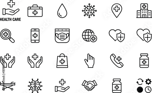 Modern healthcare and medical line icon set featuring hospital, virus, medicine, protection, diagnosis, global health, insurance, emergency, and wellness symbols on white background