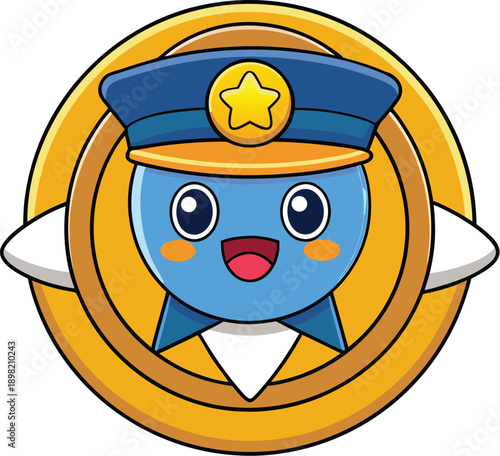 Cute blue police character badge icon illustration for law enforcement