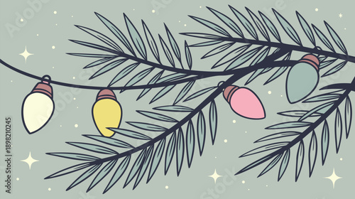 Festive string lights hang beautifully from dark pine tree branches overhead