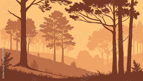 Silhouette of a solitary hiker traversing a misty, dense forest landscape