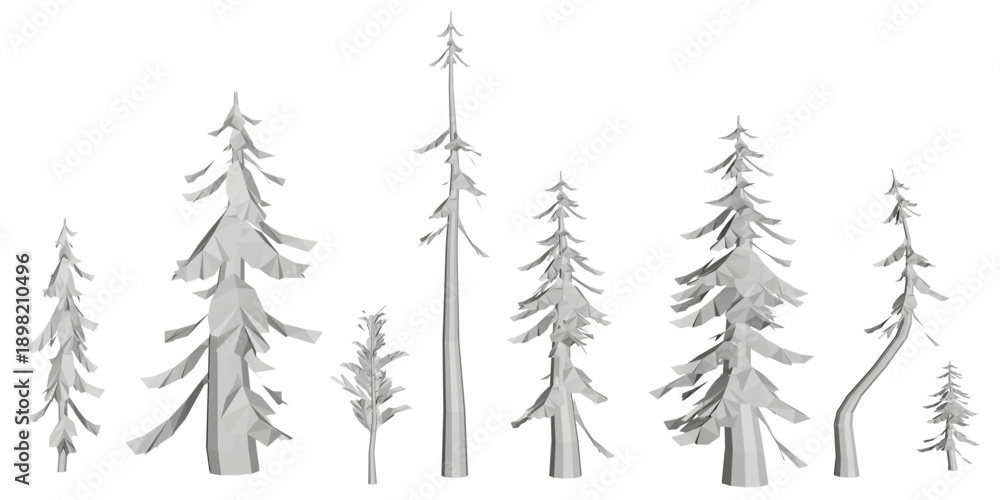 Fototapeta premium A set of low poly spruce trees with needle-like details stands animated on a pure white background. The geometric design creates a lively and dynamic digital scene.