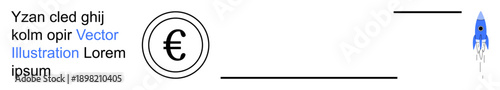 Financial growth, startup concepts, currency, space exploration, innovation, futuristic ideas. Euro currency symbol next to a blue rocket and placeholder text. Financial growth and startup concepts