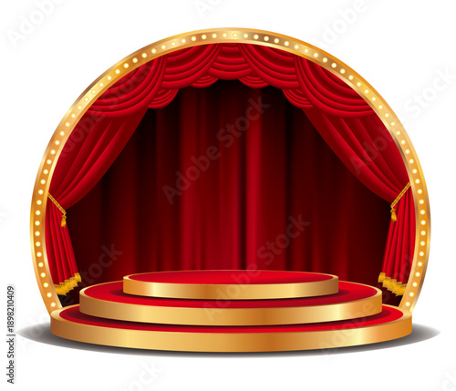 vector illustration of red podium on circle stage with red curtain