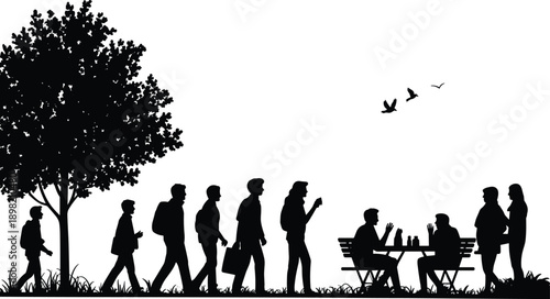 Silhouette illustration of people walking, meeting, and socializing in an urban park environment representing community life, daily routine, teamwork, communication, and modern city lifestyle