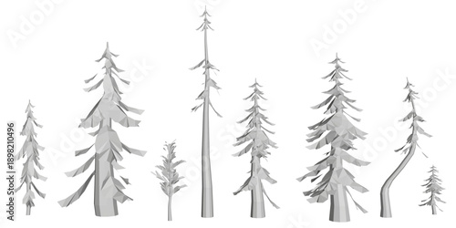 A set of low poly spruce trees with needle-like details stands animated on a pure white background. The geometric design creates a lively and dynamic digital scene.