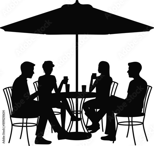 Silhouette of friends enjoying coffee together at outdoor cafe under umbrella, social conversation, lifestyle leisure concept, teamwork, friendship, urban dining illustration