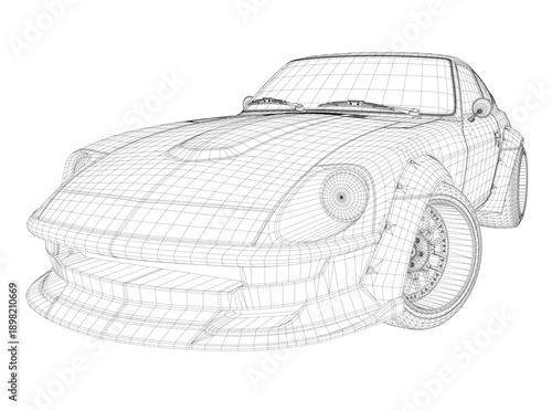 A 3D wireframe model of a classic sports car, isolated on a clean white background for a sleek and realistic presentation.