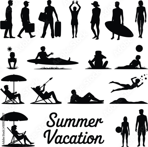 Summer vacation silhouettes illustration featuring people relaxing swimming surfing and traveling on beach, showcasing leisure lifestyle, holiday activities, travel concept
