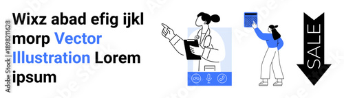 Marketing, e-commerce, business strategy, online advertising, retail promotions, sales analytics. Female professional, digital tools sale arrow. Marketing and e-commerce concept