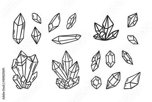 Crystals set, assorted colored gemstones various shapes, monochrome line art hand drawn style