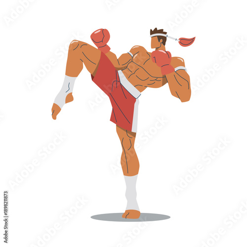 High knee strike in Muay Thai, Thai martial arts, Flat vector design illustration.