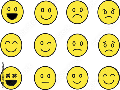 Expressive Emotions: A collection of cheerful yellow faces, each portraying a unique emotion, from joyful smiles to melancholic frowns, providing a comprehensive spectrum of feelings.