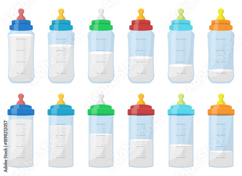 Cartoon baby bottles with colored caps filled with milk arranged in rows.