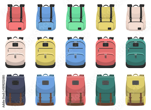 Fifteen colorful backpacks in various styles and designs are arranged.