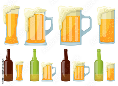 Collection of beer mugs and bottles with foam on a plain white background.