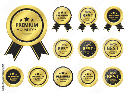 Assortment of golden seals and labels with premium quality designations.