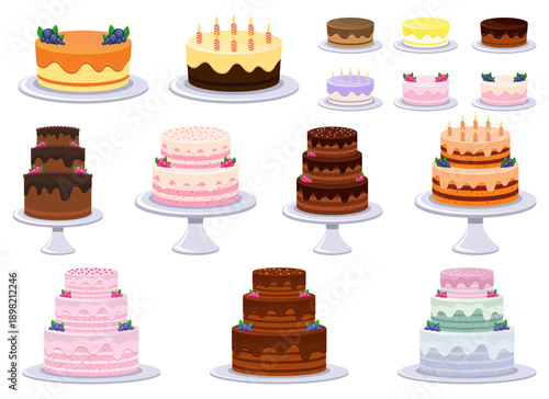 Variety of cakes: Single-layer, tiered, frosted, and decorated with toppings.