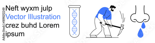 Scientific exploration, manual work, health issues, science education, DNA studies, visual communication. Test tube, worker with pickaxe nose with a drop. Genetic research and health concepts