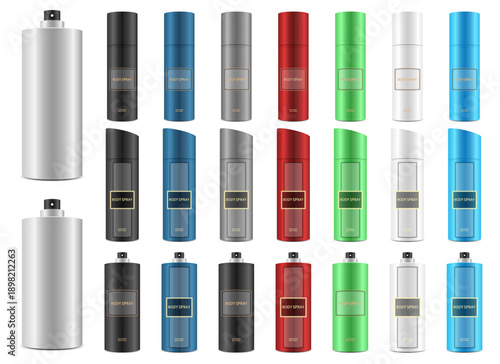 Collection of colorful body spray cans arranged on a white background.