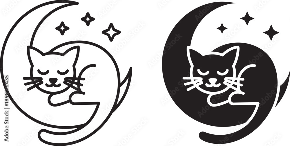 Fototapeta premium Sleeping cat on moon with stars icon outline and glyph style concept for children bedtime