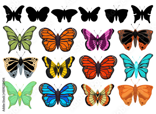 Collection of stylized butterflies in various colors and patterns with silhouettes.