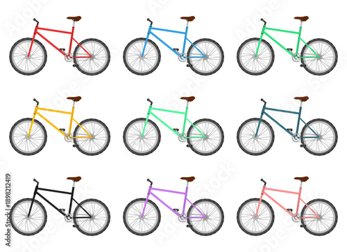 Collection of colorful bicycles with varying frame colors on a white background