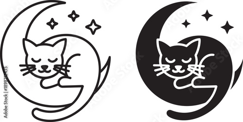 Sleeping cat on moon with stars icon outline and glyph style concept for children bedtime