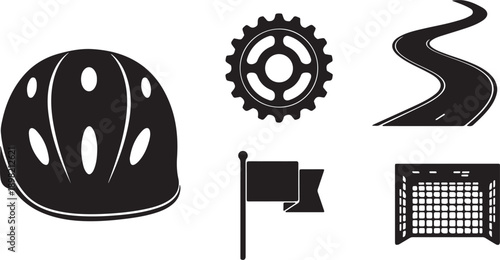 Icons representing sports, health, and technology on white background Keywords: helmet, bicycle helmet, gear, cogwheel, winding road, flag, goal