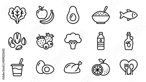 Set of 15 healthy eating and nutrition line icons including fruits, vegetables, proteins, and healthy fats in a minimalist vector style with uniform stroke width and organized grid layout.
