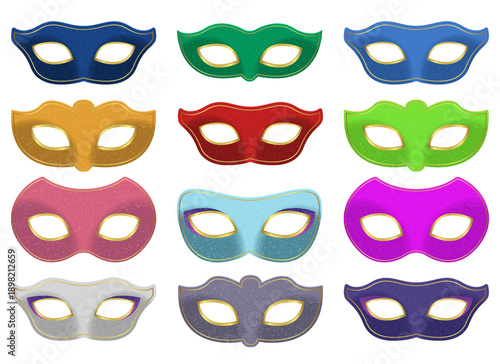 Collection of colorful, festive masquerade masks for celebrations and parties.