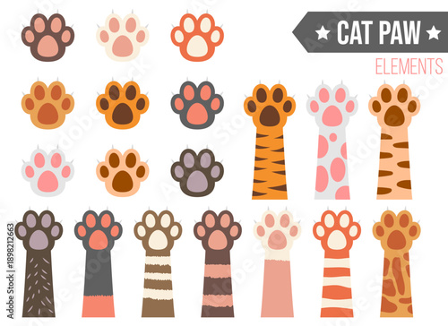 Variety of stylized cat paw elements in flat vector cartoon illustration