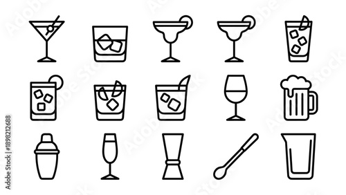 Minimalist Cocktail and Bar Drink Line Icons Set with Uniform Stroke; Includes Martini, Margarita, Beer Mug, Wine Glass, Shaker, Jigger, and Barware for Restaurant Menu and Graphic Design Projects.