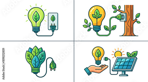 Set of four flat vector illustrations featuring energy-efficient lightbulbs with green leaves, solar panels, and trees, symbolizing sustainable power, renewable energy, and eco-friendly technology